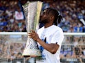 Atalanta's Ademola Lookman celebrates after the match with the Europa League trophy on May 26, 2024