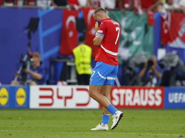 Czech Republic's Antonin Barak walks off after receiving a red card on June 26, 2024 [IMAGO]