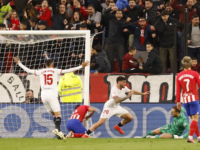 Isaac Romero celebrates scoring for Sevilla against Atletico Madrid on February 11, 2024.