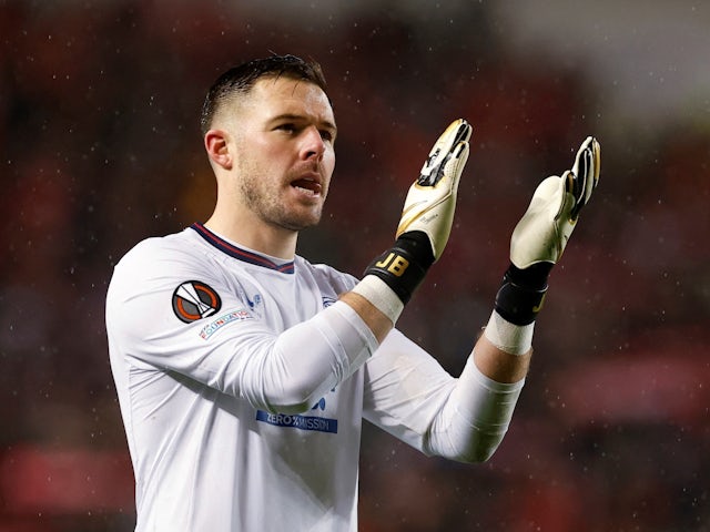 Rangers' Jack Butland applauds fans after the match on March 14, 2024