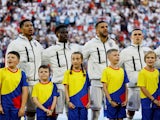 England's Jude Bellingham, Bukayo Saka, Kyle Walker and Phil Foden line up during the national anthems before the match on June 25, 2024