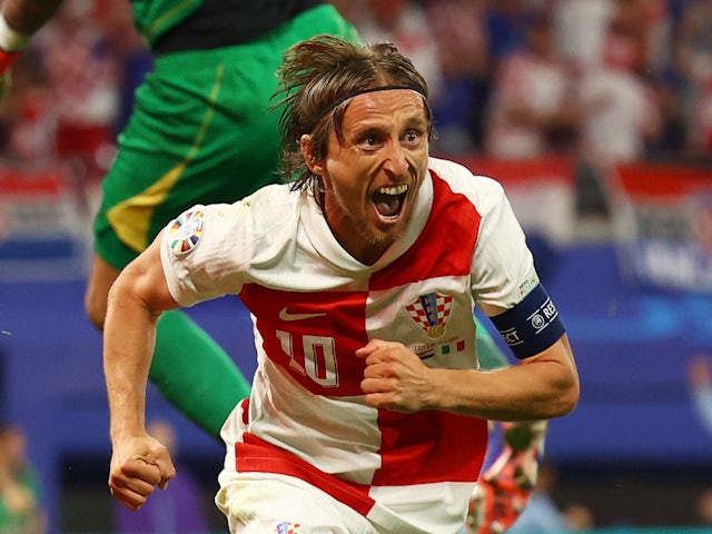 Luka Modric celebrates scoring for Croatia on June 24, 2024