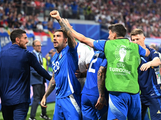 Italy's Mattia Zaccagni celebrates scoring their first goal on June 24, 2024