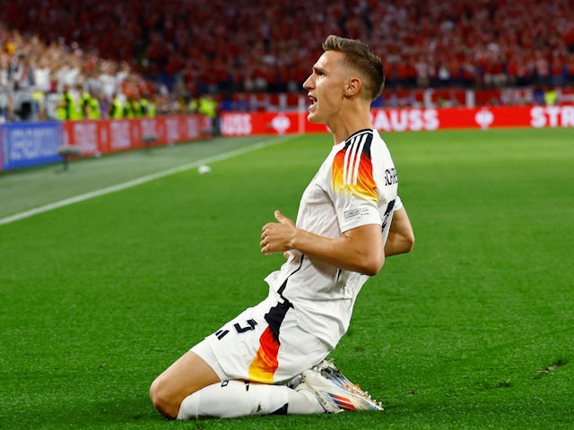 Germany's Nico Schlotterbeck celebrates scoring a goal that is later disallowed on June 29, 2024