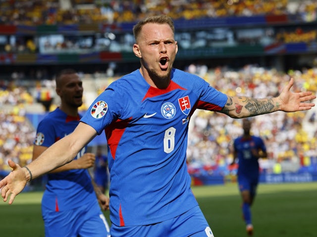 Slovakia's Ondrej Duda celebrates scoring their first goal on June 26, 2024