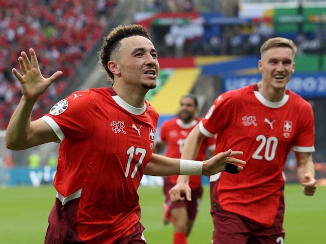 Switzerland's Ruben Vargas celebrates scoring their second goal with Michel Aebischer on June 29, 2024