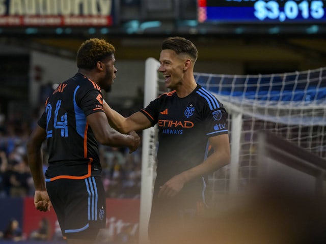 Hannes Wolf celebrates with his New York City FC teammate Tayvon Gray on June 29, 2024