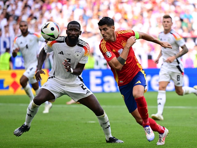 Germany's Antonio Rudiger in action with Spain's Alvaro Morata on July 5, 2024