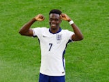 Bukayo Saka celebrates scoring for England on July 6, 2024