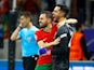 Portugal's Diogo Costa celebrates with Bernardo Silva after winning the penalty shootout on July 1, 2024