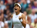Emma Raducanu reacts at Wimbledon on July 1, 2024