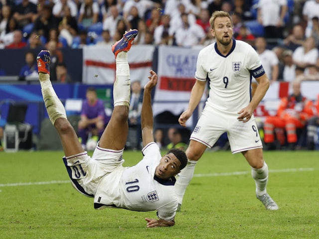 England's Jude Bellingham scores their first goal on June 28, 2024