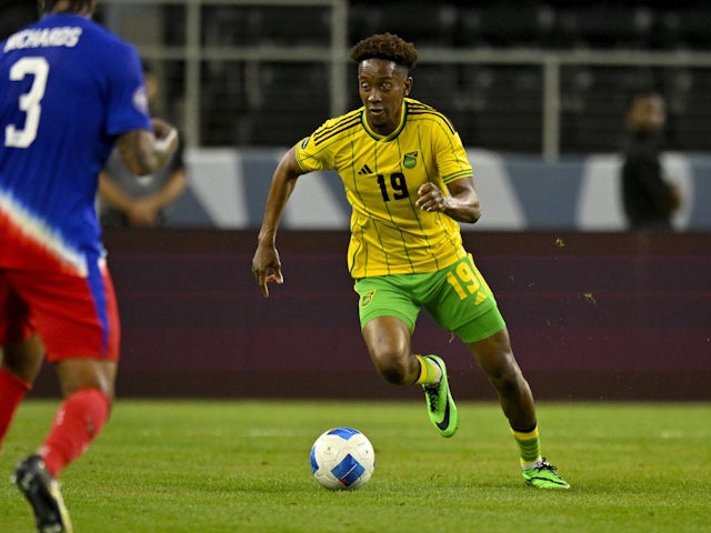 Jamal Lowe in action for Jamaica in April 2024.