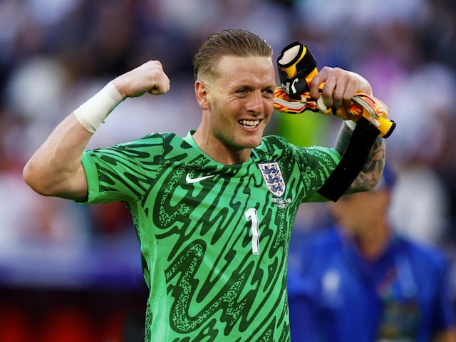 England's Jordan Pickford celebrates on July 6, 2024