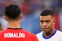  Portugal's Cristiano Ronaldo and France's Kylian Mbappe before the match on July 5, 2024