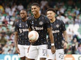 Manchester United's Marcus Rashford, Jadon Sancho and Aaron Wan-Bissaka during the warm up before the match  on July 4, 2024