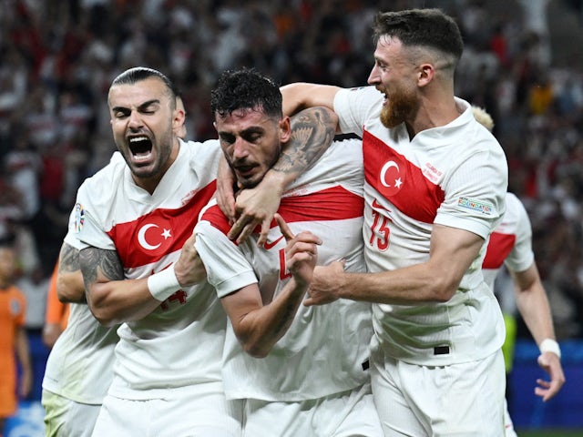 Turkey's Samet Akaydin celebrates scoring against Netherlands on July 6, 2024