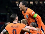 Netherlands' Stefan de Vrij celebrates scoring against Turkey on July 6, 2024