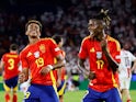 Spain's Nico Williams celebrates scoring their third goal with Lamine Yamal on June 30, 2024