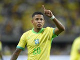 Brazil forward Savio (20) reacts after scoring a goal against Paraguay during the first half at Allegiant Stadium on June 28, 2024