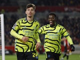 Arsenal's Kai Havertz celebrates scoring their first goal with teammate Eddie Nketia on July 12, 2024