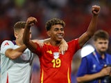 Spain's Lamine Yamal celebrates after the match on July 9, 2024