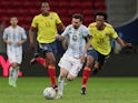 Argentina's Lionel Messi in action with Colombia's Juan Cuadrado on July 6, 2021