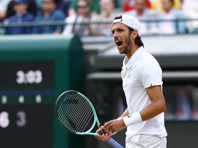 Lorenzo Musetti reacts at Wimbledon on July 10, 2024