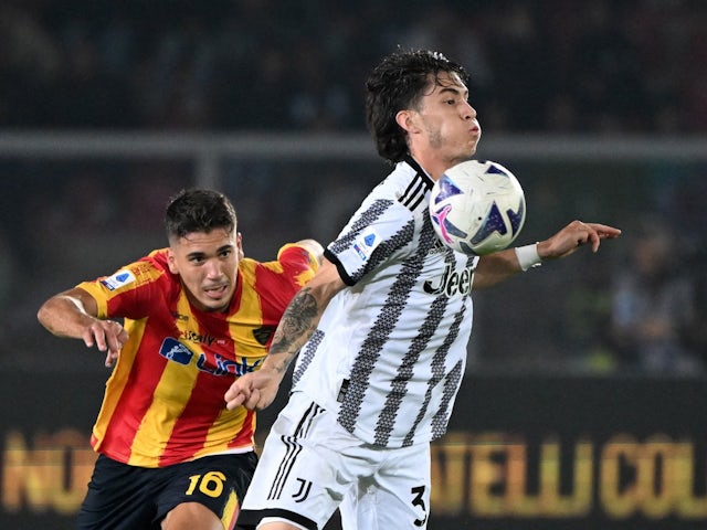 Juventus' Matias Soule in action with Lecce's Joan Gonzalez  on October 29, 2022