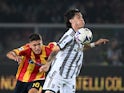 Juventus' Matias Soule in action with Lecce's Joan Gonzalez  on October 29, 2022