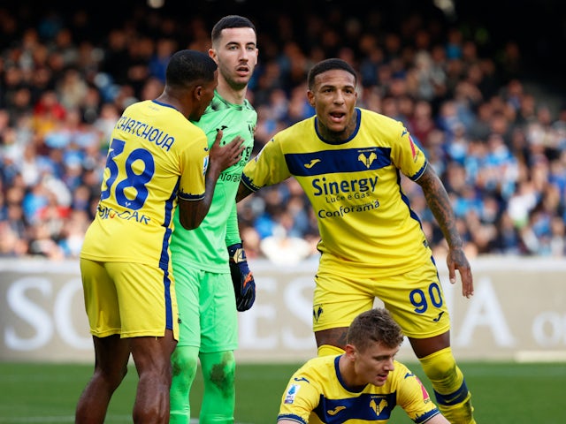 Hellas Verona's Michael Folorunsho, Lorenzo Montipo and Jackson Tchatchoua react in February 2024