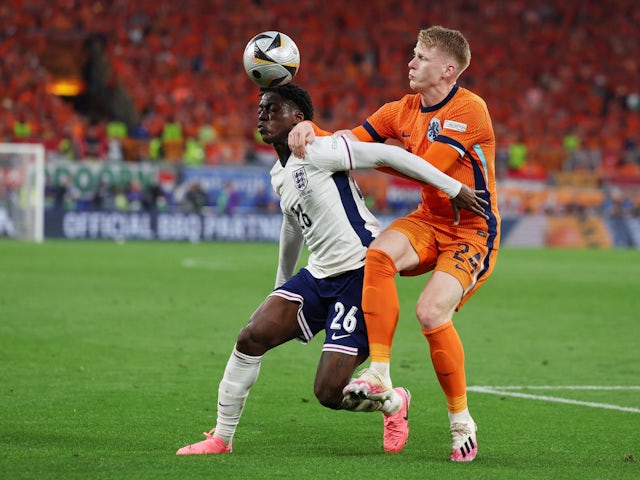 England's Kobbie Mainoo in action with Netherlands' Jerdy Schouten on July 10, 2024