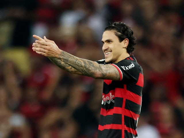 Flamengo's Pedro celebrates scoring their first goal on July 12, 2024