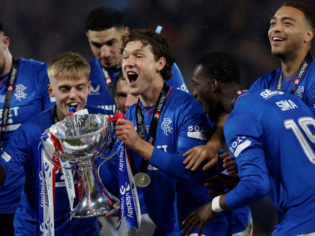 Rangers' Sam Lammers lifts the trophy as they celebrate winning the Scottish League Cup on December 17, 2023 
