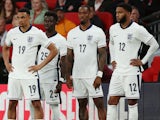 England's Trent Alexander-Arnold, Bukayo Saka, Ivan Toney and Joe Gomez before coming on as substitutes on June 7, 2024