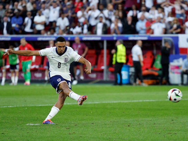 England's Trent Alexander-Arnold scores a penalty to win the shoot-out on July 6, 2024