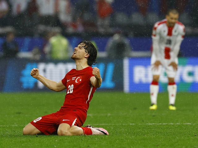 Turkey's Ferdi Kadioglu celebrates after Kerem Akturkoglu scores their third goal on July 9, 2024