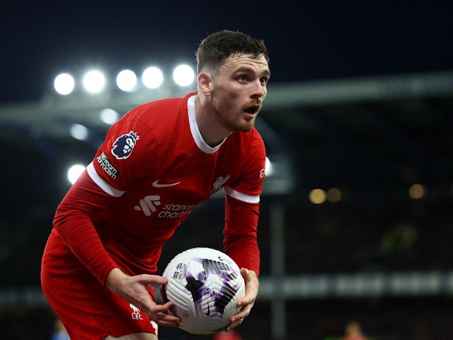 Liverpool's Andrew Robertson reacts in April 2024