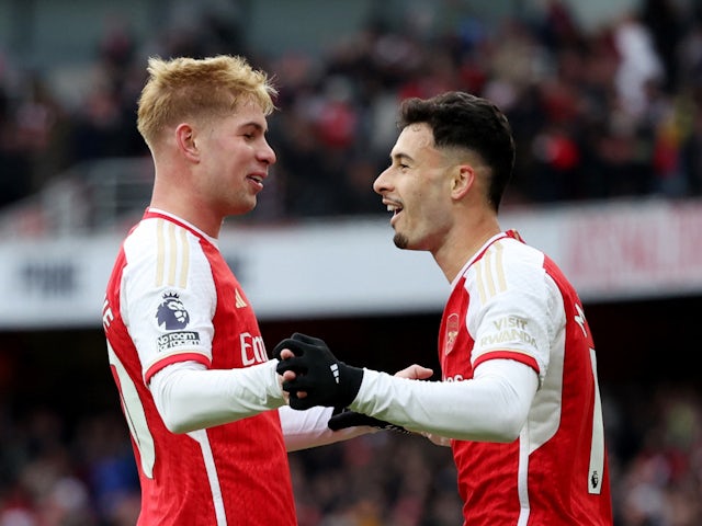 Arsenal's Gabriel Martinelli celebrates scoring their fifth goal with Emile Smith Rowe on January 20, 2024