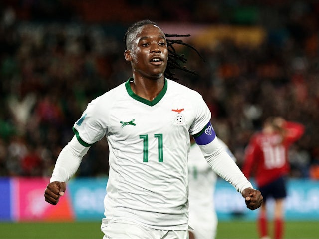 Barbra Banda celebrates scoring for Zambia in July 2023