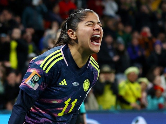 Catalina Usme celebrates scoring for Colombia in August 2023