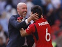 Manchester United manager Erik ten Hag and Lisandro Martinez celebrate after winning the FA Cup on May 26, 2024