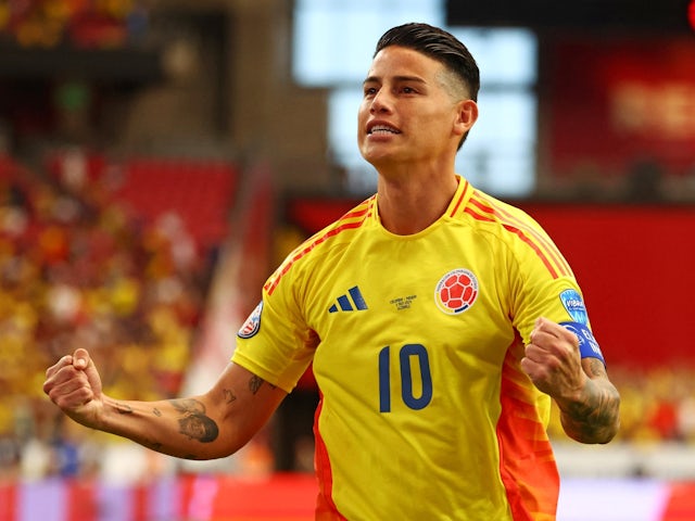 Colombia's James Rodriguez celebrates a goal on July 6, 2024