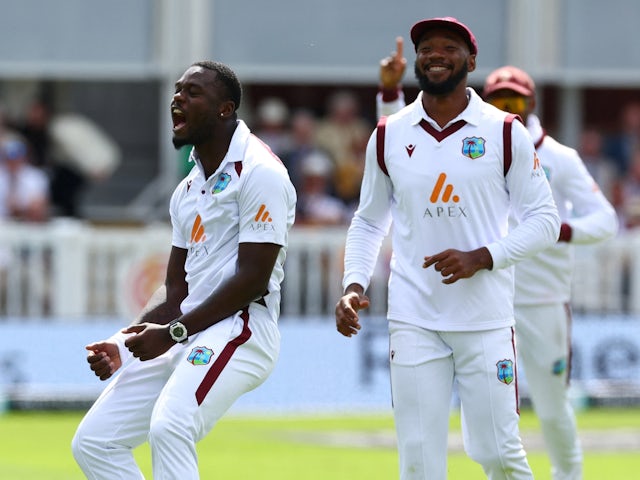 West Indies' Jayden Seales celebrates taking a wicket on July 10, 2024