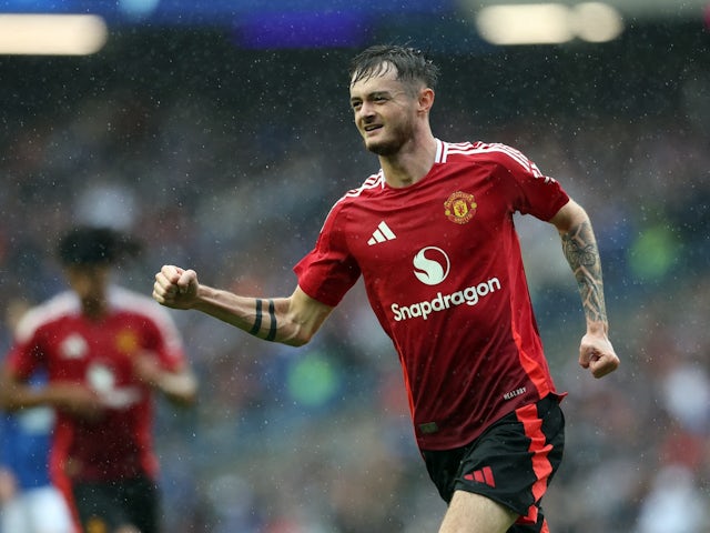 Manchester United's Joe Hugill celebrates scoring their second goal on July 20, 2024