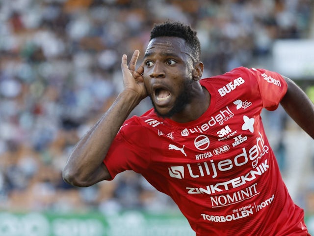 Johnbosco Samuel Kalu celebrates scoring Varnamo's first goal on May 15, 2024