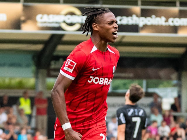 Freiburg's Junior Adamu celebrates on July 18, 2024