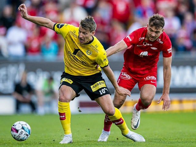 Thomas Lehne Olsen of Lillestrom in action against Brann on May 12, 2024