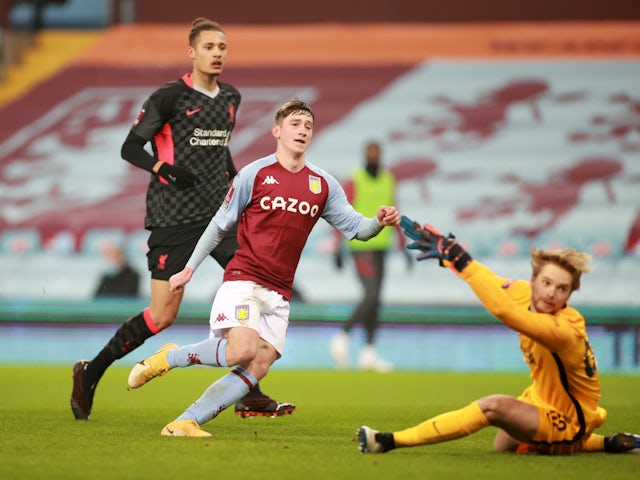 Louie Barry scoring for Aston Villa against Liverpool in January 2021.