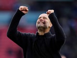 Manchester City manager Pep Guardiola celebrates after the match on April 20, 2024